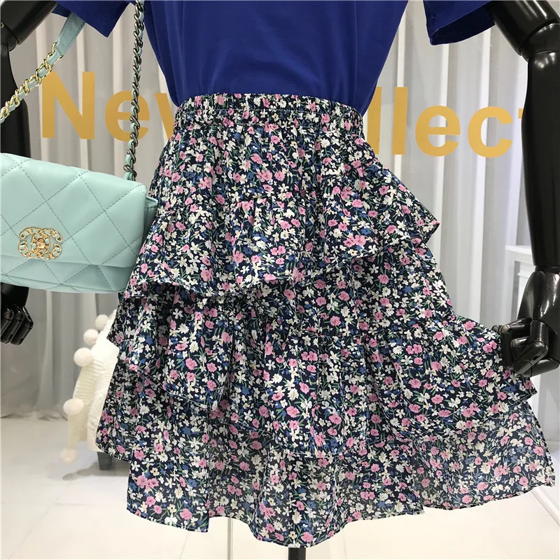 ALPHALMODA 2020 Summer New Floral High Waist Skirt + Puff Sleeve Tshirt Women Fashion 2pcs Suit Ladies Sweet Ruffled Top | Женская