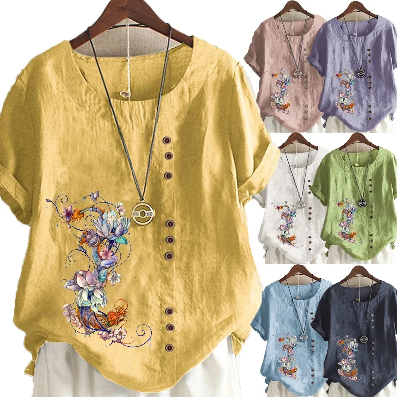 

Plus Size Women's New Fashion Casual Round Neck Short Sleeve T-shirt Ladies Linen Blouse Floral Printed Blouse Tops