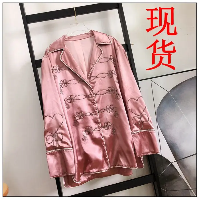

New heartache girl pink silky satin coat diamond languid is lazy pajamas wind socialite shirt
