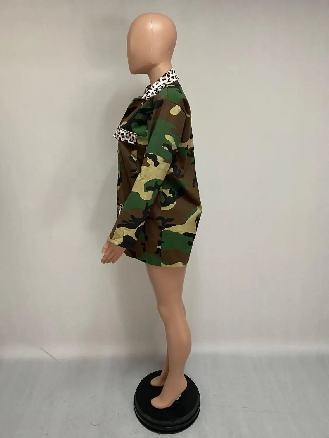 

Women Casual Leopard Print Patchwork Camo Jacket Turn Down Collar Long Sleeve Pockets Coat Dress Fashion Outfits