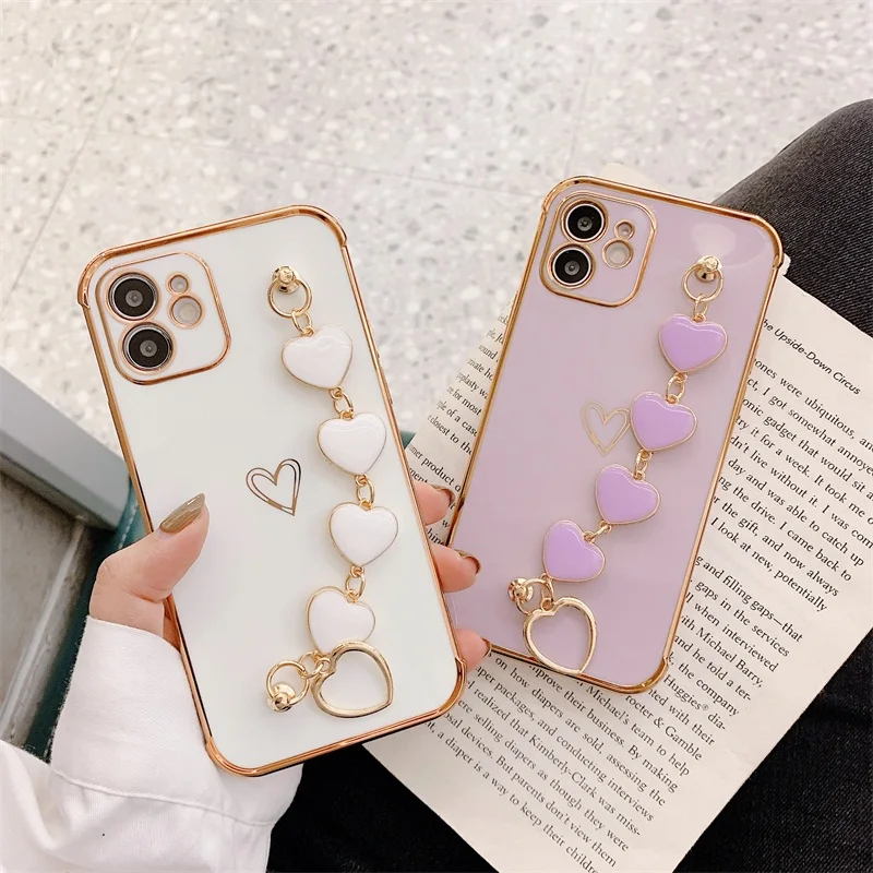 

luxury Electroplated Phone Case For iPhone 13 11 Pro Max 12 XS XR 7 8 Plus SE X Love heart chain Wrist Bracelet soft back Cover