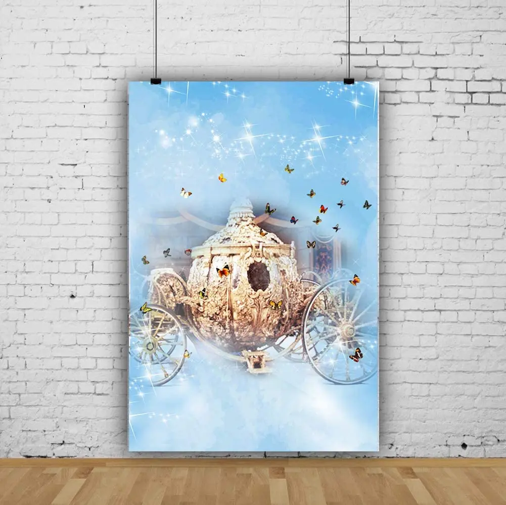 

Carriage Fairy Tale Photography Backdrop Dreamy Blue Foggy Butterfly Shiny Lights Children Stories Girl Dream Prince Background