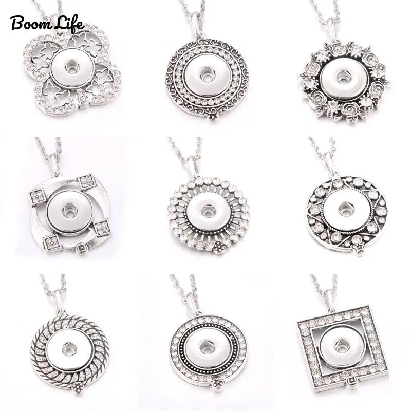 

2019 New Round Snap Jewelry Metal Rhinestone Snap Button Necklaces 18mm Snap Pendant Necklace For Women Girls DIY Jewelry