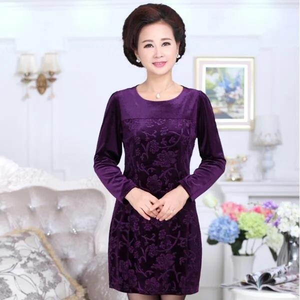 2019 Новое Осеннее бархатное платье больших размеров для женщин среднего возраста