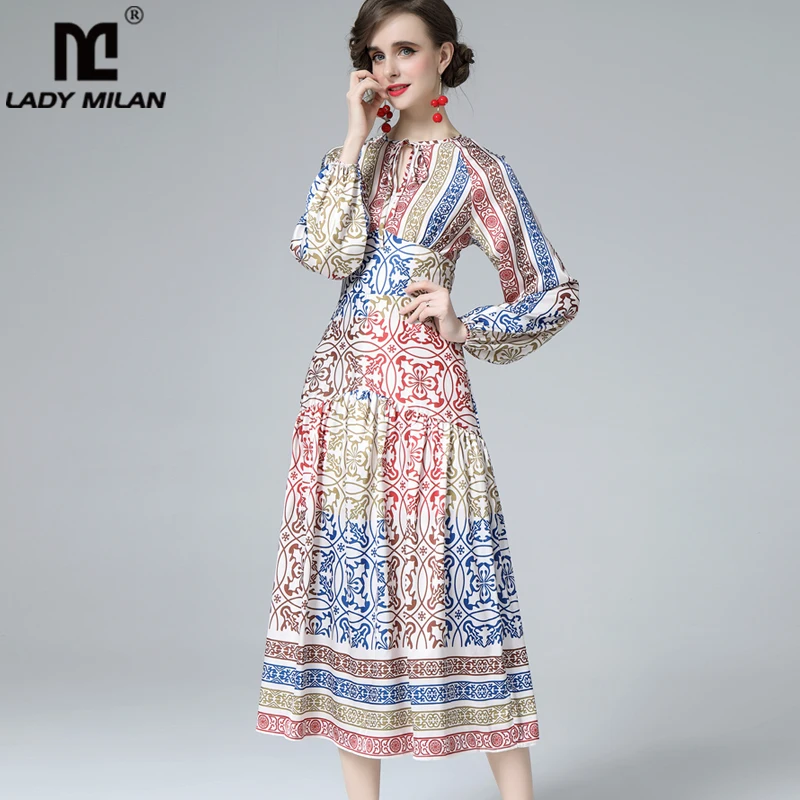 

Женское модельное платье с круглым вырезом, модное Повседневное платье на шнуровке с длинными рукавами-фонариками и принтом, платья