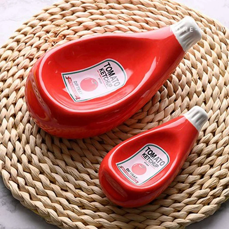 

2PCS Ceramic Extruded Tomato Sauce Bottle Shape Dish Soy Sauce Plate Ketchup Mayonnaise Mustard Seasoning Dish, S & L