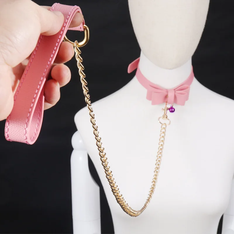 Fetish Pink Leather SM Girls Kinky Tuning Slave Collar Adult Sex Toys Choker with Metal Chain Bondage Restraint | Красота и здоровье