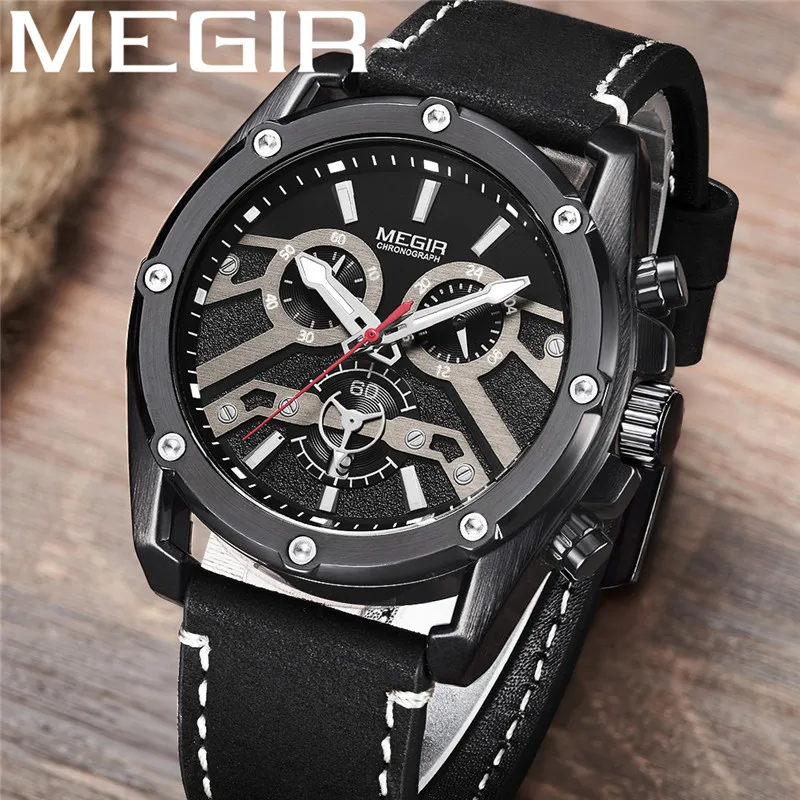 Часы MEGIR мужские с хронографом в стиле милитари 3D циферблатом спортивные