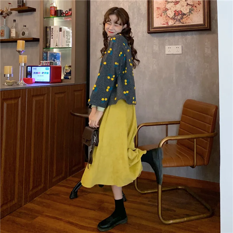 Autumn Winter Plus Size 2 Piece Sets Womens Outfits Vintage Harajuku Long Sleeve Cherry Blouse And High Waist Midi Skirt Set |