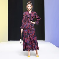 runway designer fashion new womens retro print elegant streamer flared long sleeve elastic waist party fashion long dress
