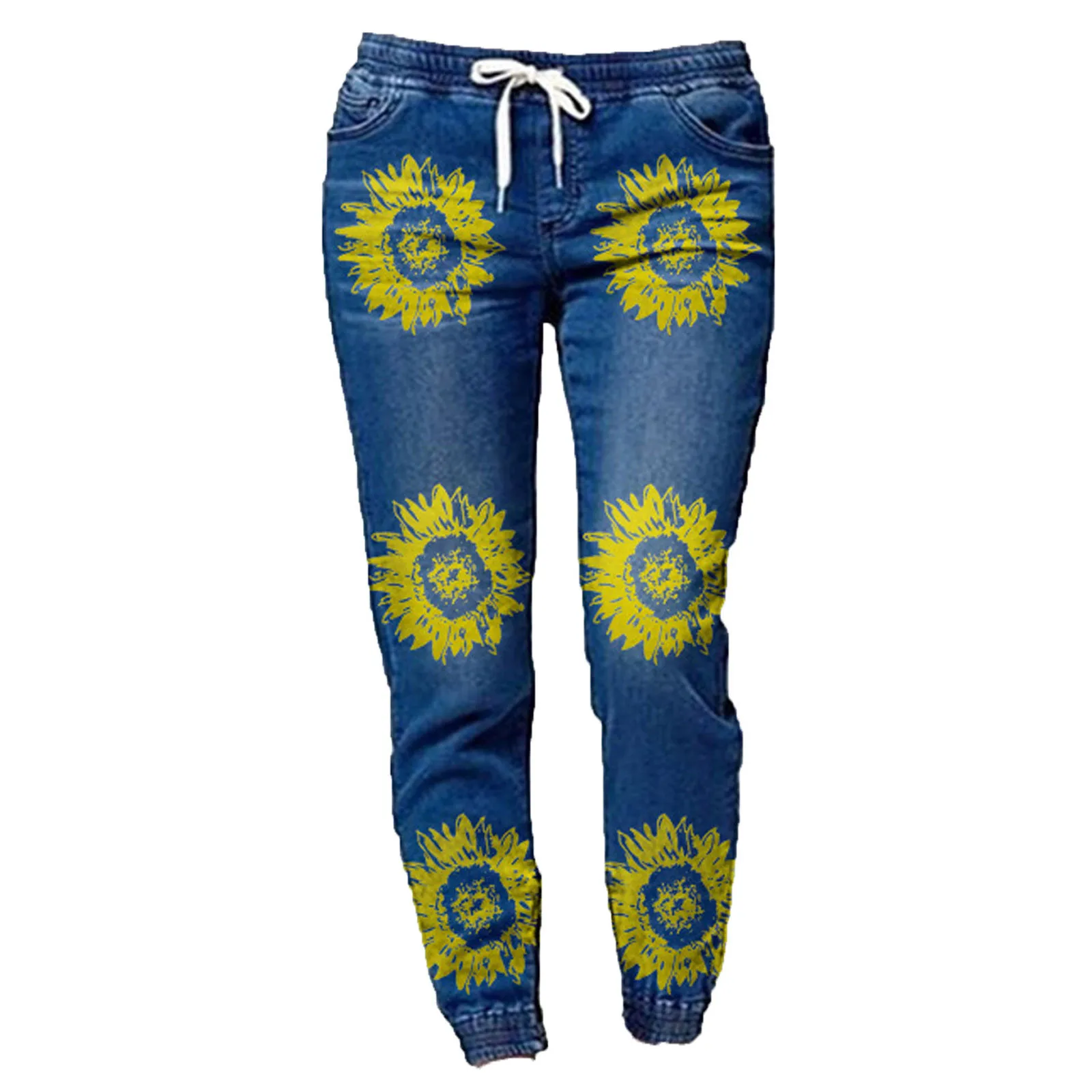 

Women's 2021 New Fashion And Casual Printing Lace-up Pockets High-Waisted Slimming Daily Ankle Banded Baggy Jeans Long Trousers