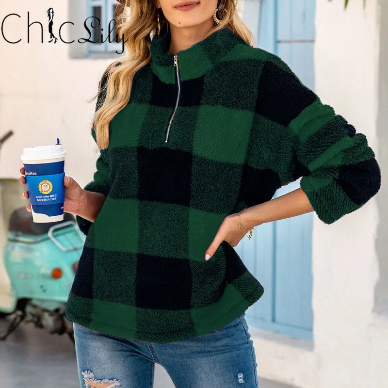 

Chiclily Plaid Long Sleeve Sherpa Hoodie Zipper Pullover Oversized Warm Streetwear Teddy Ladies Harajuku Sweatshirt