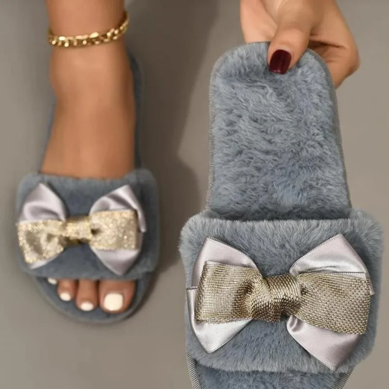 

2022 Women Fashion Slippers New Open Toe Ladies Slip on Comfortable Sandals with Bowknot Beach Slides Plus Size Fluffy Slippers
