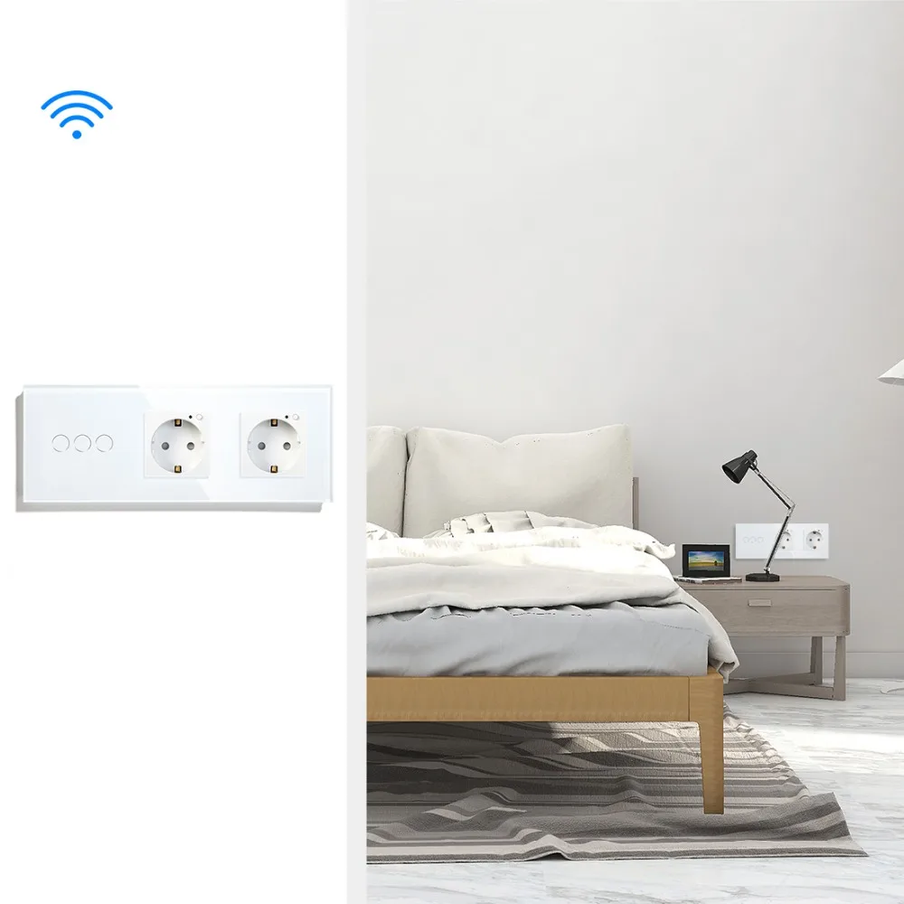 BSEED Двойной Wi-Fi ЕС розетки 3 банды переключатель с белый черный Gloden Кристалл стекло панель управления Alexa Google Tuya