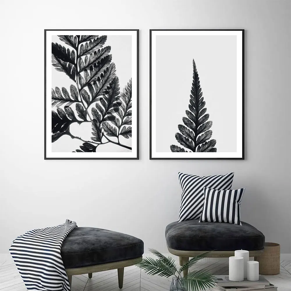 Минималистичный постер с ботаническим папоротником черный белый лист искусство