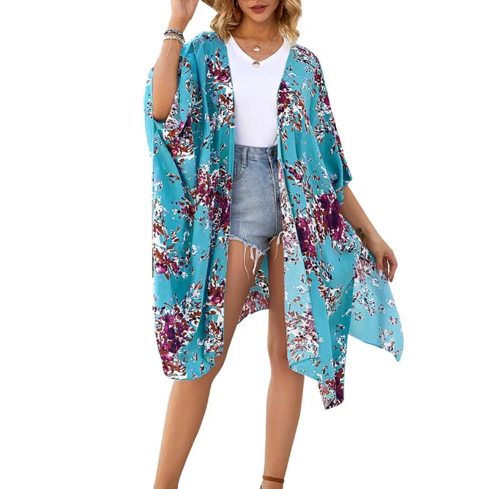

Summer Women Casual Flowy Cardigan Open Front Dress Printed Chiffon Summer Beach Coverup Blouse Loose Plus Size Tops