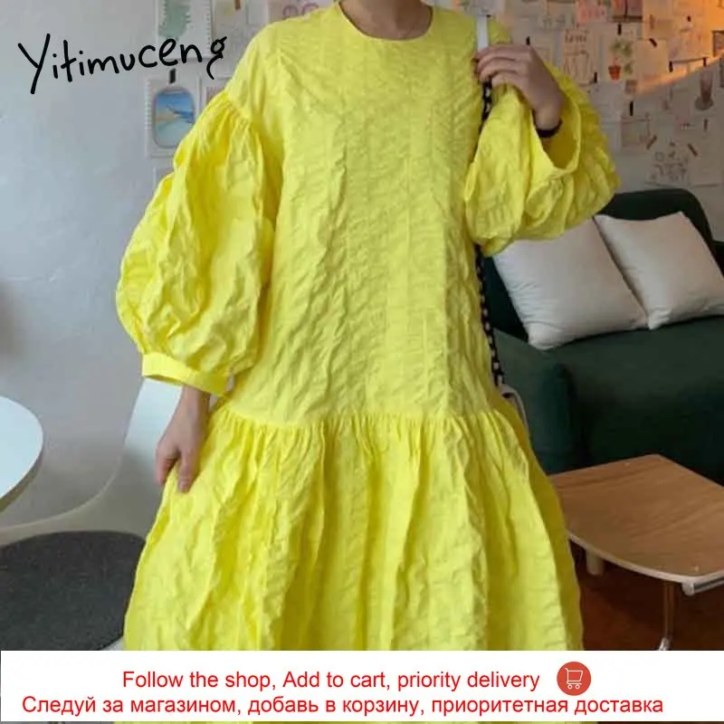 

Yitimuceng Ruched Dresses for Women Oversize Loose Waist Unicolor Yellow Blue Sundress 2021 Spring Summer Korean Fashion Dress
