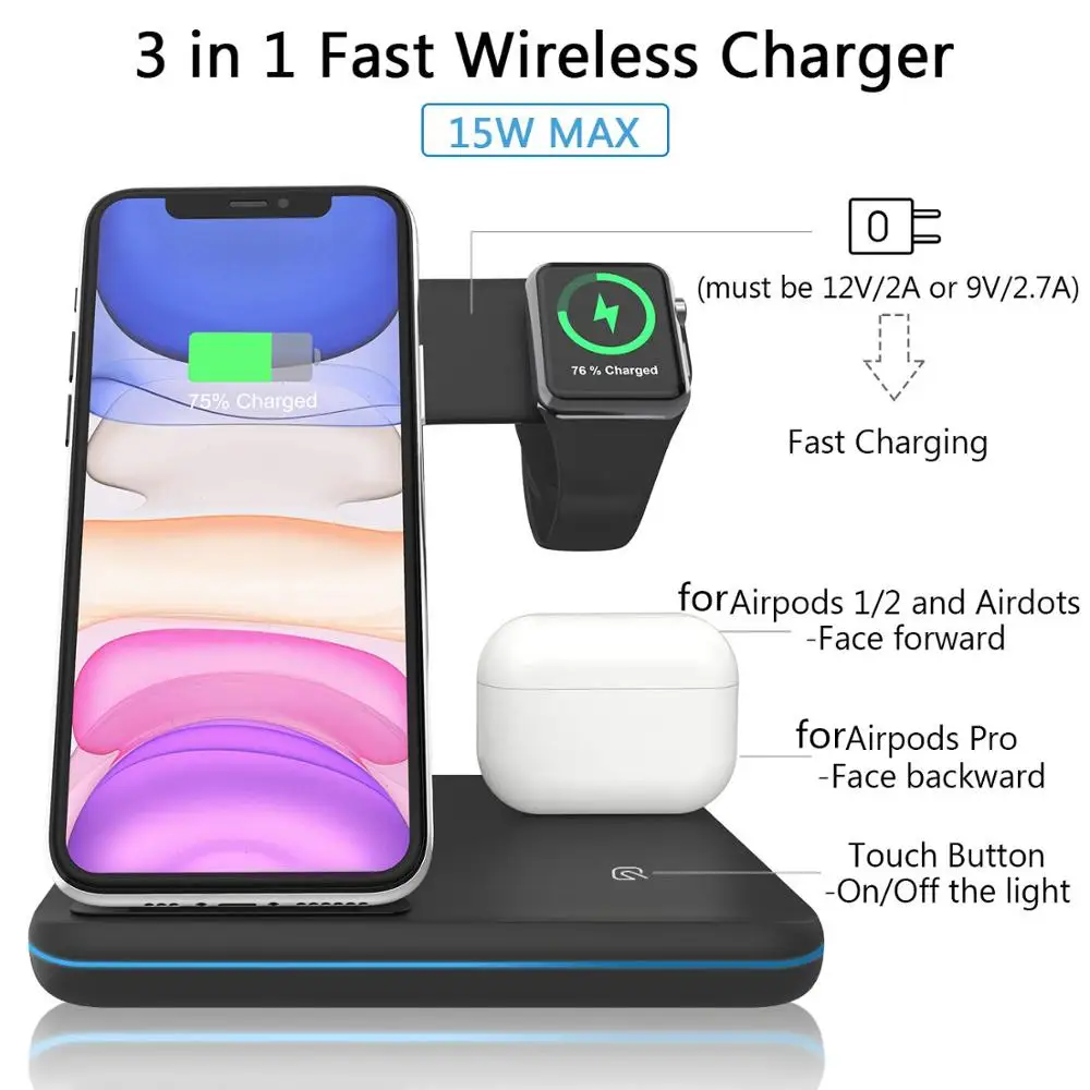 

Wireless Charger Stand 3 in 1 Qi 15W Fast Charging Dock Station for Apple Watch iWatch 5 4 3 AirPods Pro For iPhone 11 XS XR X 8