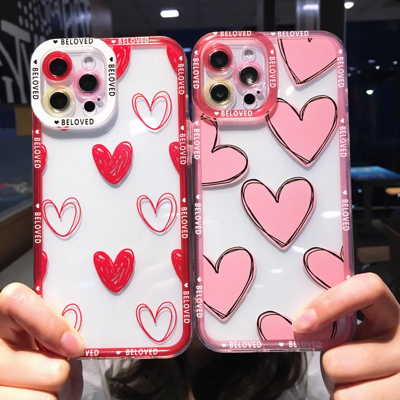 Lovebay Clear Love Heart Pattern Phone Case For iPhone 11 12 13 Pro Max X XR XS Max 7 8 Plus SE2020 Camera Protection Soft Cover