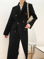 black hepburn style double breasted loose mid length double sided cashmere coat women 2021 new