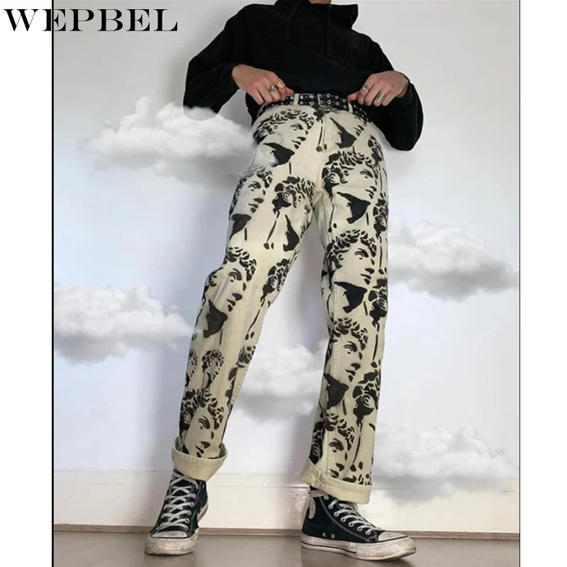 

Mandylandy Jeans Men Statue Printed Harajuku Streetwear Casual Loose Khaki Jeans Washing Motorcycle Denim Pants Long Trousers