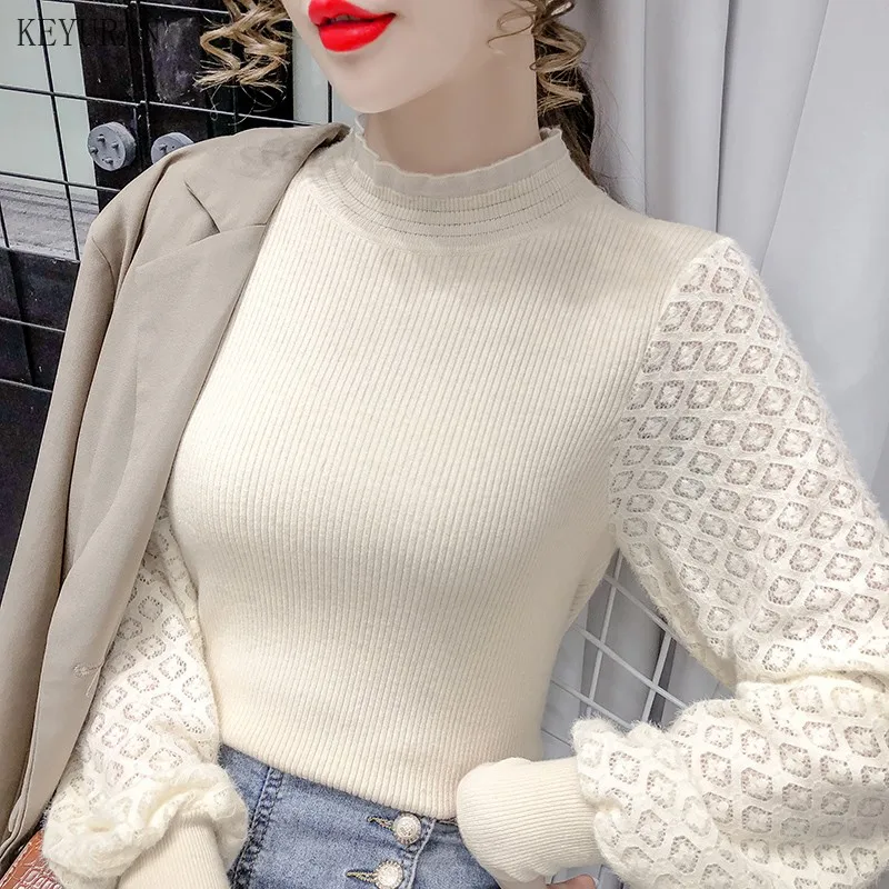 

Half Turtleneck Sweater Women's 2021 Spring New Lace Pathchwork Lantern Long Sleeve Pollover Sweater Ladies Jumper Pull Femme