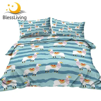 BlessLiving Alpaca Quilt Cover Llama Bedding Set Striped Blue Yellow Home Textiles 3pcs Cartoon Animal Bed Coverlet for Kids 1