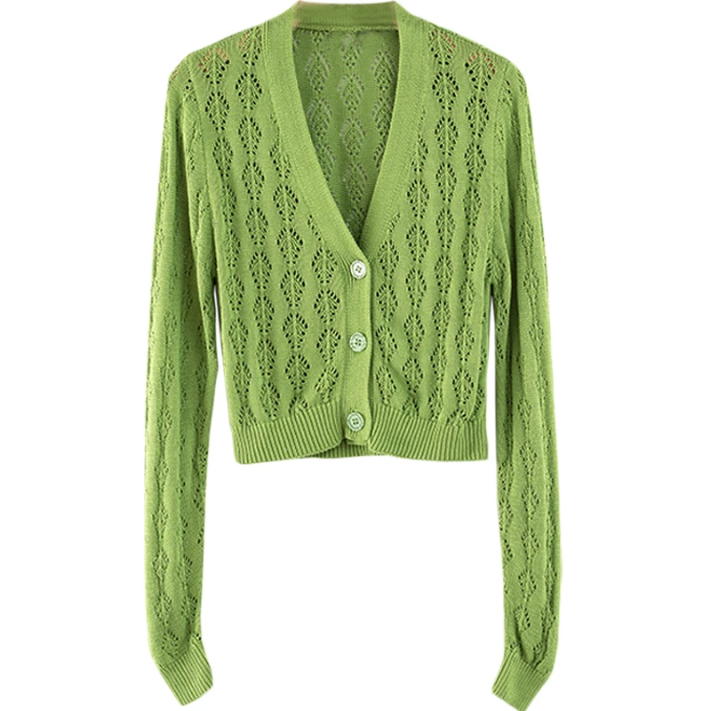 

Retro V-neck Knitted Long Sleeves Vest Women's French Scheming Small Diamond Hollow Sweater Sweet High Waist Small Cardigan