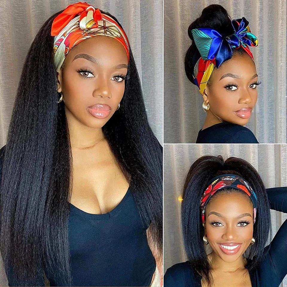 Kinky Straight Headband Wig Human Hair Glueless Half With Head Band Brazilian Yaki Wigs For Black Women | Шиньоны и парики