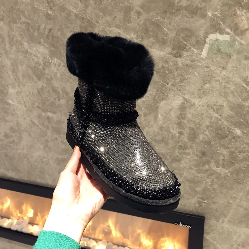 

European pearl color diamond full drill Rex Rabbit plush cotton snow cotton short flat boots women's shoes