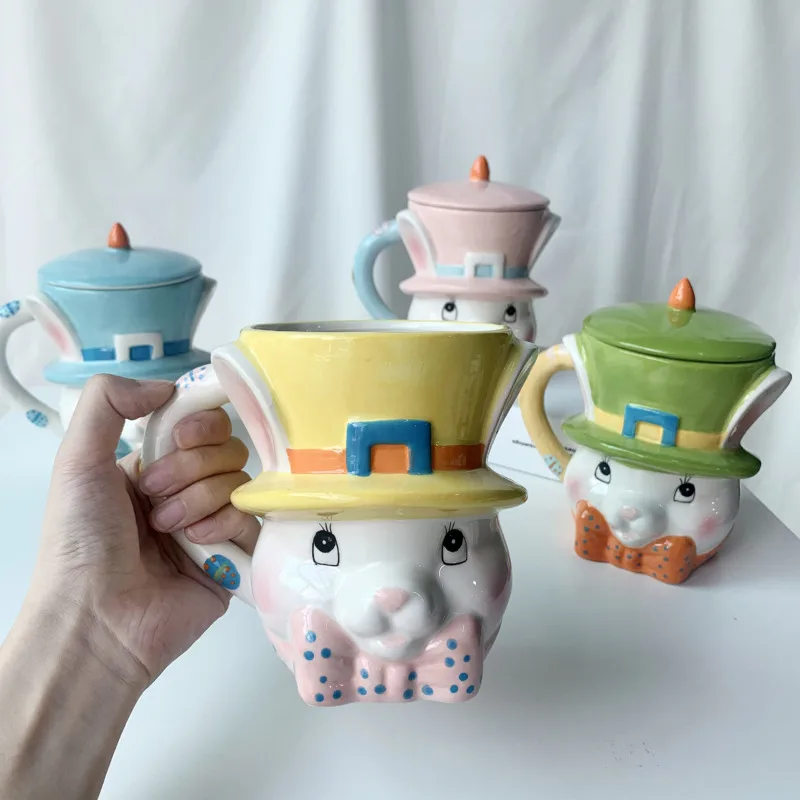Taza 3D de conejo de pascua, vaso de agua de cer&aacute;mica de dibujos animados, taza de gran capacidad para el hogar y la Oficina, taza de caf&eacute; con leche-0