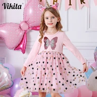 vikita autumn girls dress butterfly sequins kids long sleeve dresses baby girls princess dress party clothes birthday dresses