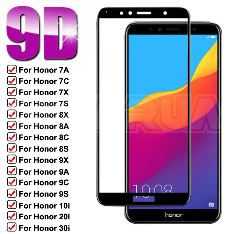 

9D Protective Glass on For Honor 7A 7C 7X 7S Tempered Screen Protector Honor 8X 8A 8C 8S 9X 9A 9C 9S 9i 10i 20i 30i Glass Film