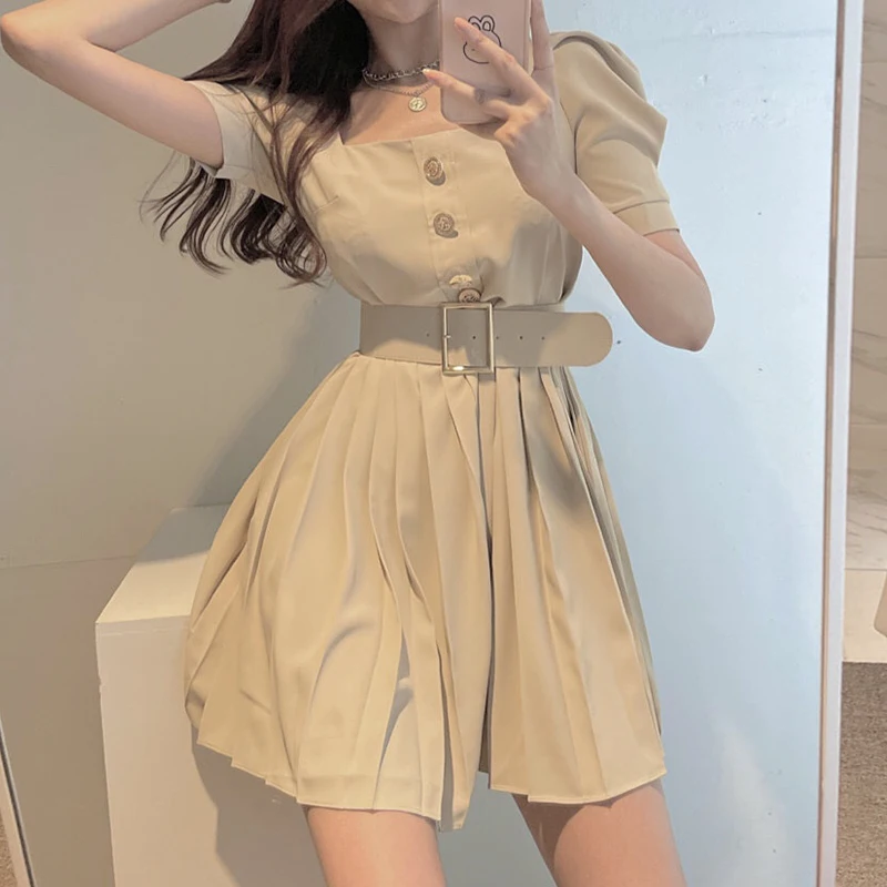

Korejpaa Women Dress 2021 Summer Korean Fashion Elegant Square Collar Single-breasted Stitching Small Pleated with Belt Vestidos