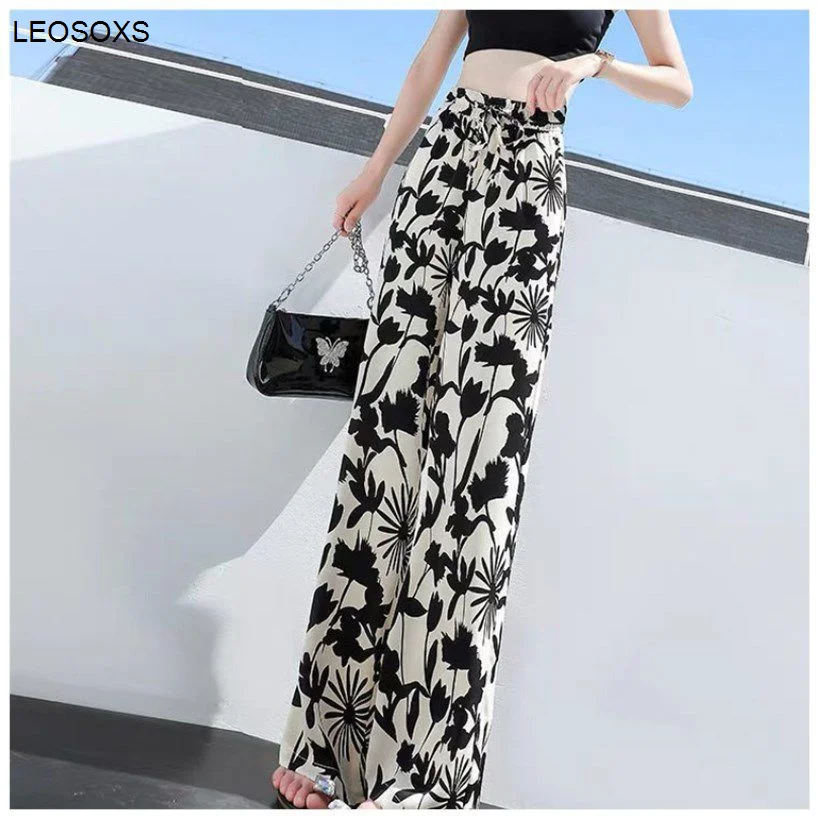 

Women's Straight Wide-leg Pants Summer Tie-dyed Casual High Waist Loose Drape Color Ice Silk Mopping Pants Loose Trousers