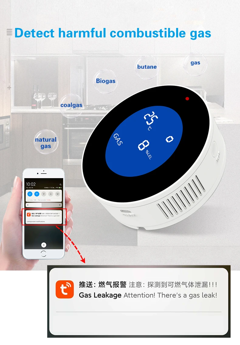 

Wifi tuya app Natural Gas Alarm Sensor With temperature function Combustible Gas Leak Detector LCD Display home security alarm