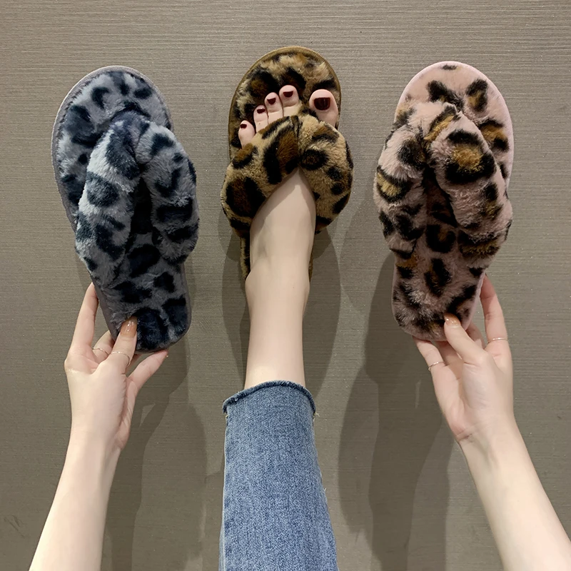 New Herringbone Leopard Print Plus Velvet To Keep Warm, Plush Fashion, Outdoor Wear Indoor Flat-bottomed Non-slip Slippers Women