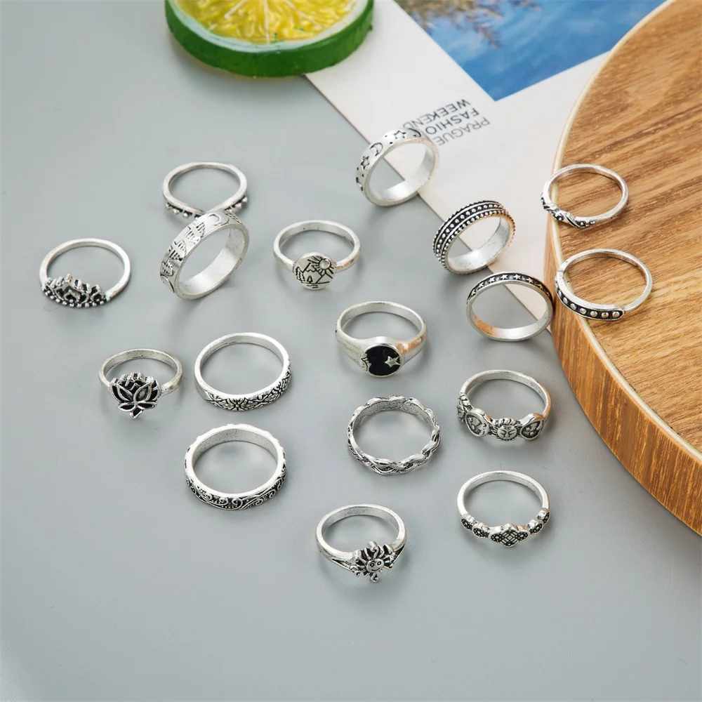 17 шт. Винтажные черные кольца-цепочки с драгоценными камнями в стиле панк набор