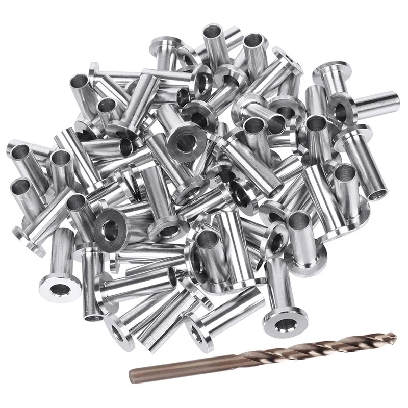 

70 Pack Stainless Steel Protector Sleeves for 1/8Inch Wire Rope Cable Railing DIY Balustrade with 1Pc Drill Bit