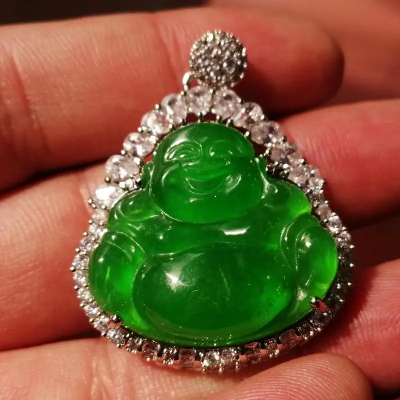 

Natural Green Jadeite Buddha Pendant Necklace Men Women Feng Shui Charm Myanmar Emerald Hand-carved Buddha Statue Lucky Amulet
