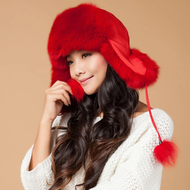 

2021 Fox Fur Hat Women's Russian Ushanka Aviator trapper snow sking Hat caps earflap winter raccoon fur Bomber hat