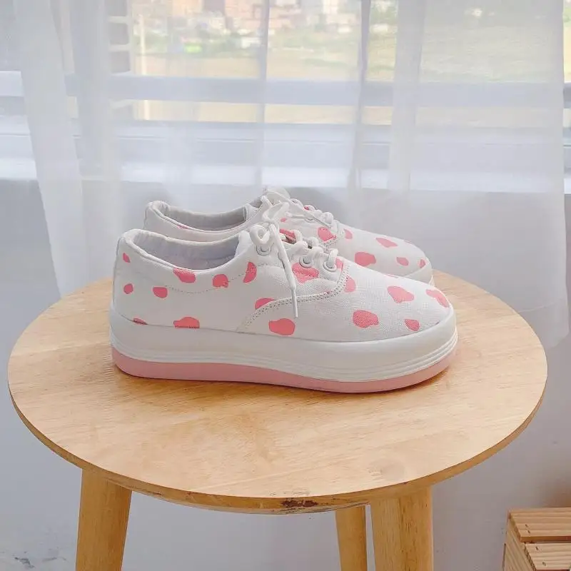 

Chic Lovely Girl Sneakers Shoes Women White Shoes Canvas Vulcanize 2021 Autumn New Dot Pot Fashion White Sneakers On Platform