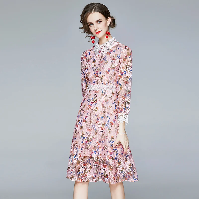 

Women Patchwork Dress A-Line Stand Knee-Length Print Long Sleeve Lace Zippers New Elegant Slim Autumn Woman Dresses
