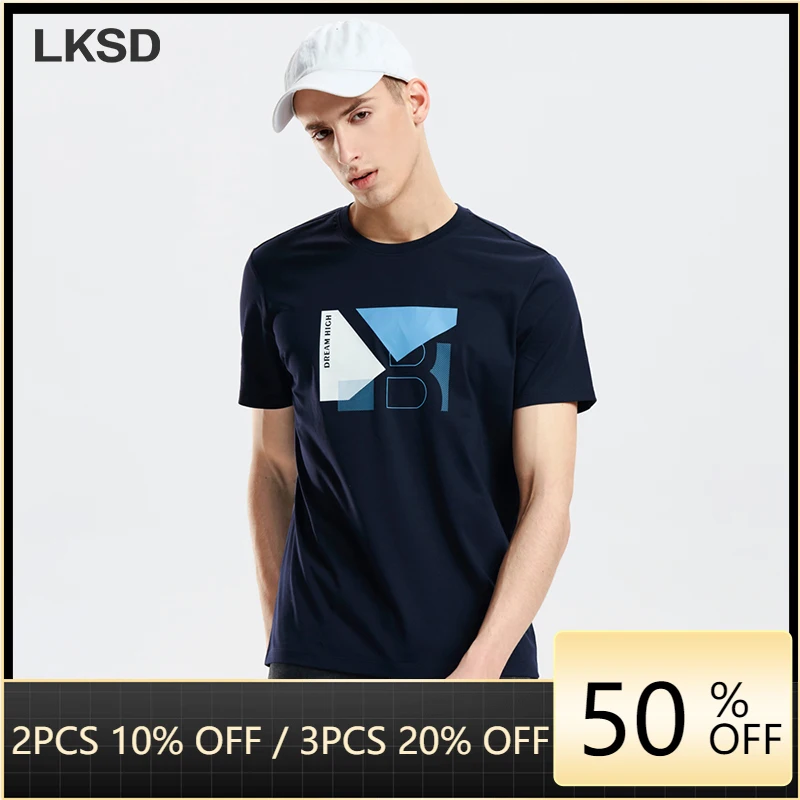 

LKSD Summer New Men's Tops Fashion Blue Geometric Printed Oneck Loose Short Sleeve Oversize Men's Tshirt U050510155