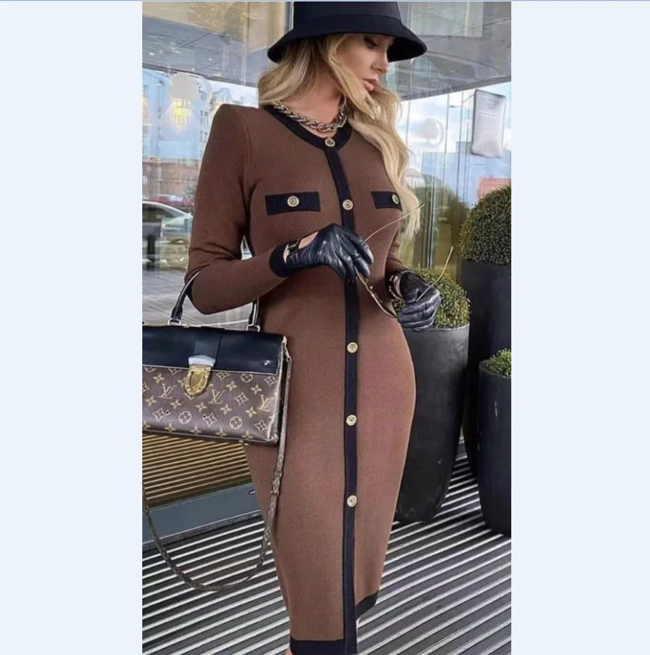 

Women Knitted Sheath Dress Autumn Office Bodycon Kniting Dress Casual Winter Elastic O Neck Button Retro Dress