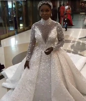 2020 new african wedding dresses ball gown high collar beading sequins bridal dress long sleeves arabic wedding gowns