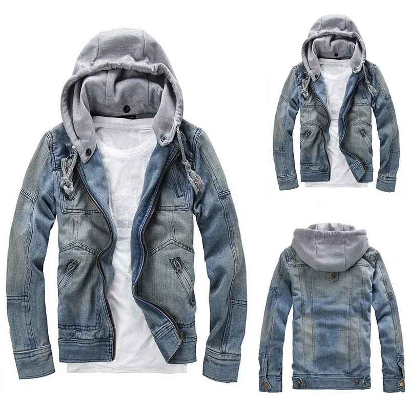 Мужское джинсовое пальто CALOFE винтажное с капюшоном и потертостями верхняя