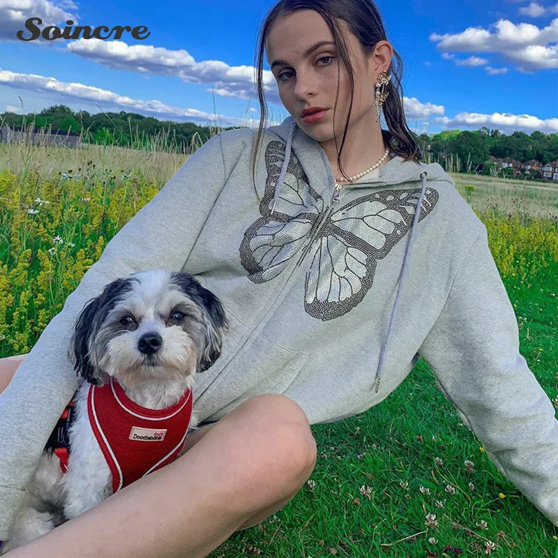 

Fashion Butterfly Print Zip Up Hoodies Swaetshirts Women Autumn Y2K E-girl Solid Long Jacket Casual Oversized Hoodie Streetwear