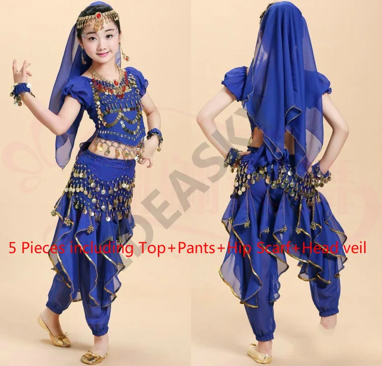 blue5pcs Арабский танец живота с блестками, профессиональный костюм для танца живота, детские костюмы, Детский костюм, комплект для взрослых и детей, топ, штаны - Цвет: blue5pcs