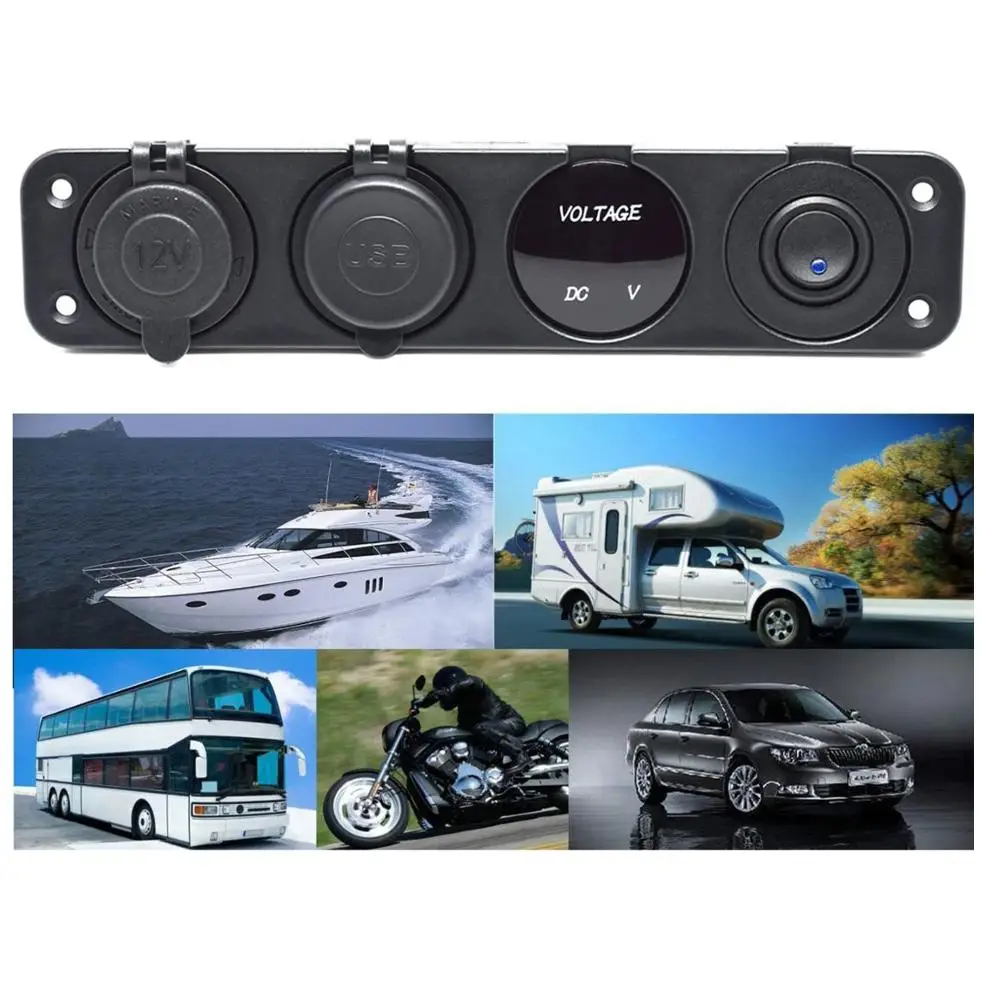 

Dual USB Socket Charger 2.1A&2.1A + LED Voltmeter + 12V Power Outlet + ON-Off Toggle Switch Four Functions Panel for Car Boat